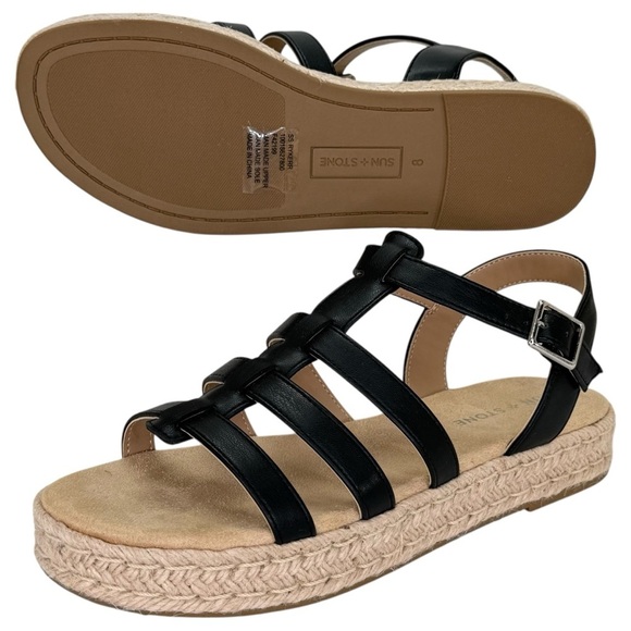 Sun + Stone Shoes - Sun + Stone Rykerr Black Faux Leather Womens Platform Sandals Size 8M